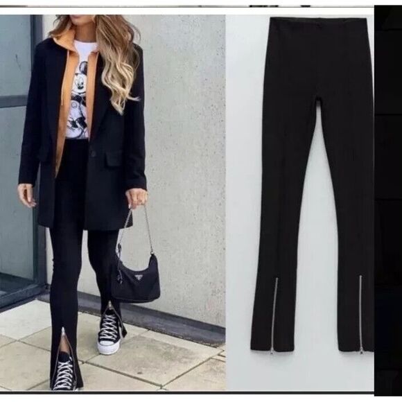 Zara Pants - Zara Women's High Rise‎ Ottoman Ribbed Zipper Hem Pull On Leggings Black XL